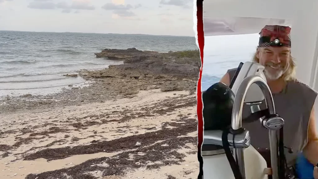 Brian Hooker assisted by boatyard employee after washing up in Marsh Harbour